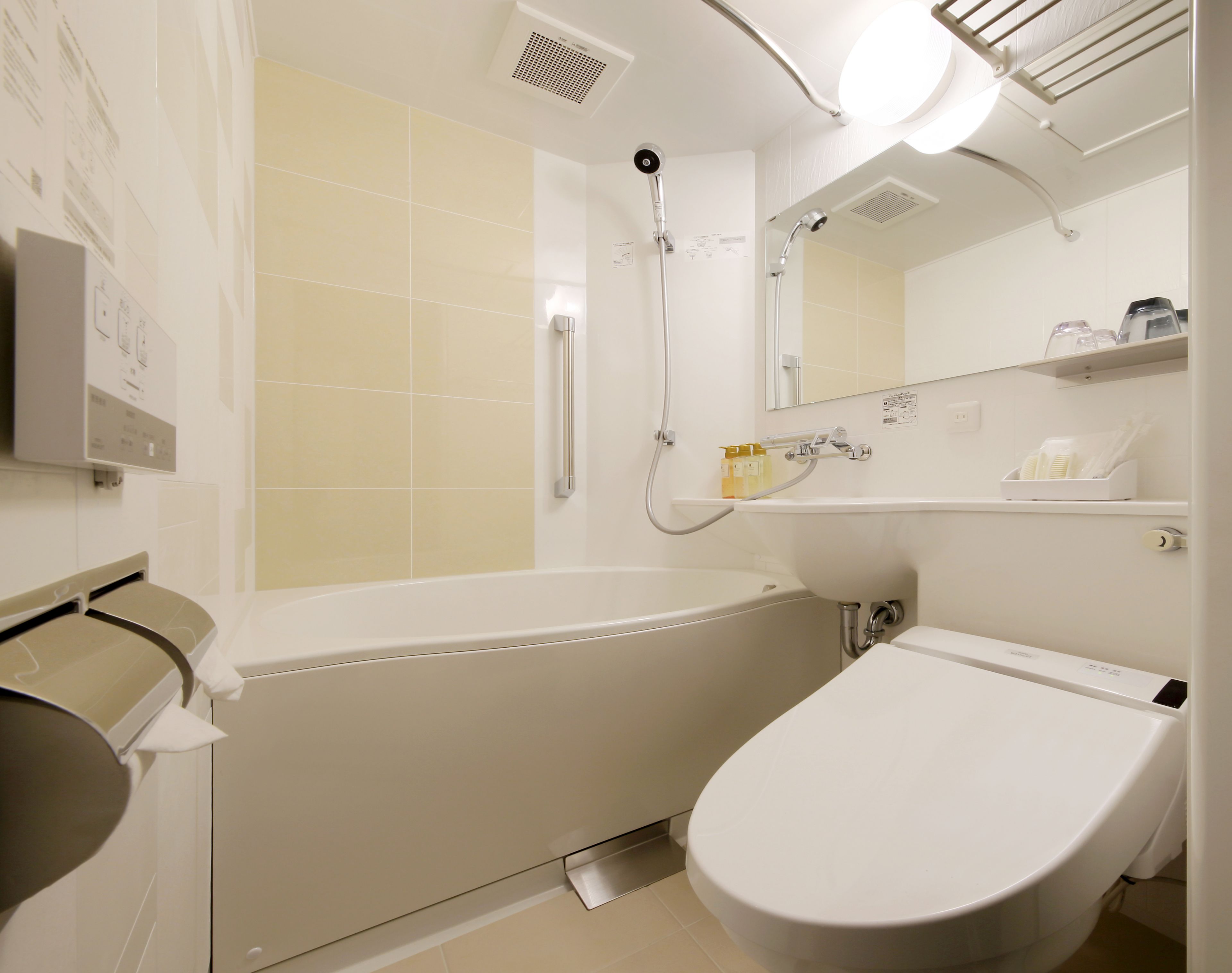 combined shower/bathtub, free toiletries, hair dryer, slippers