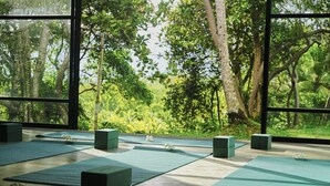 A yoga studio with mats and blocks arranged on a wooden floor, large windows overlooking a forested area. - Samadara Estate, Midigama (Ahangama)