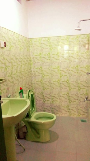 Un baño con inodoro, lavamanos y ducha.