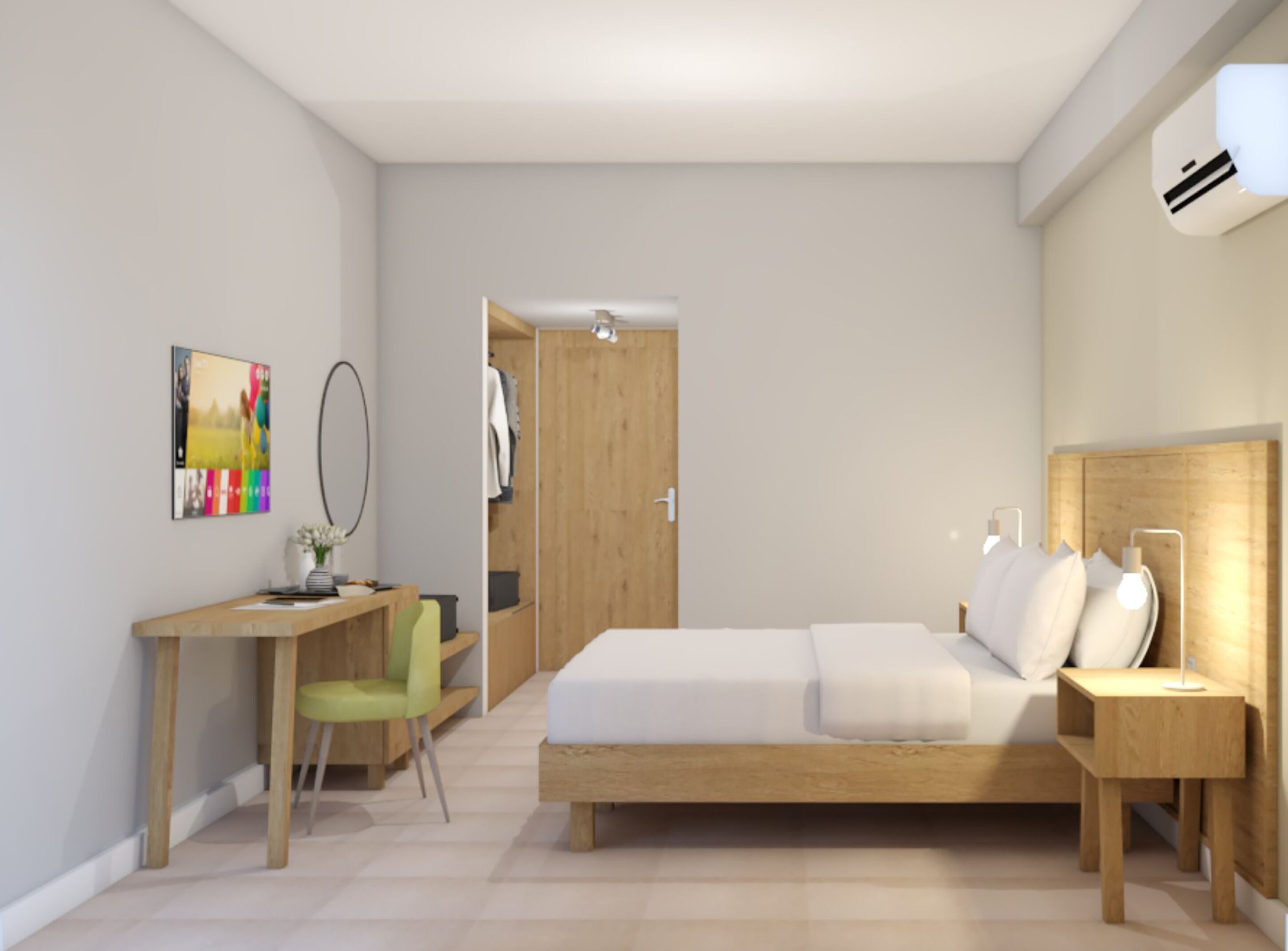 Escritorio, tabla de planchar con plancha, wifi gratis y ropa de cama 