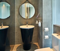 A modern bathroom with two sinks, a toilet, and a mirror.
