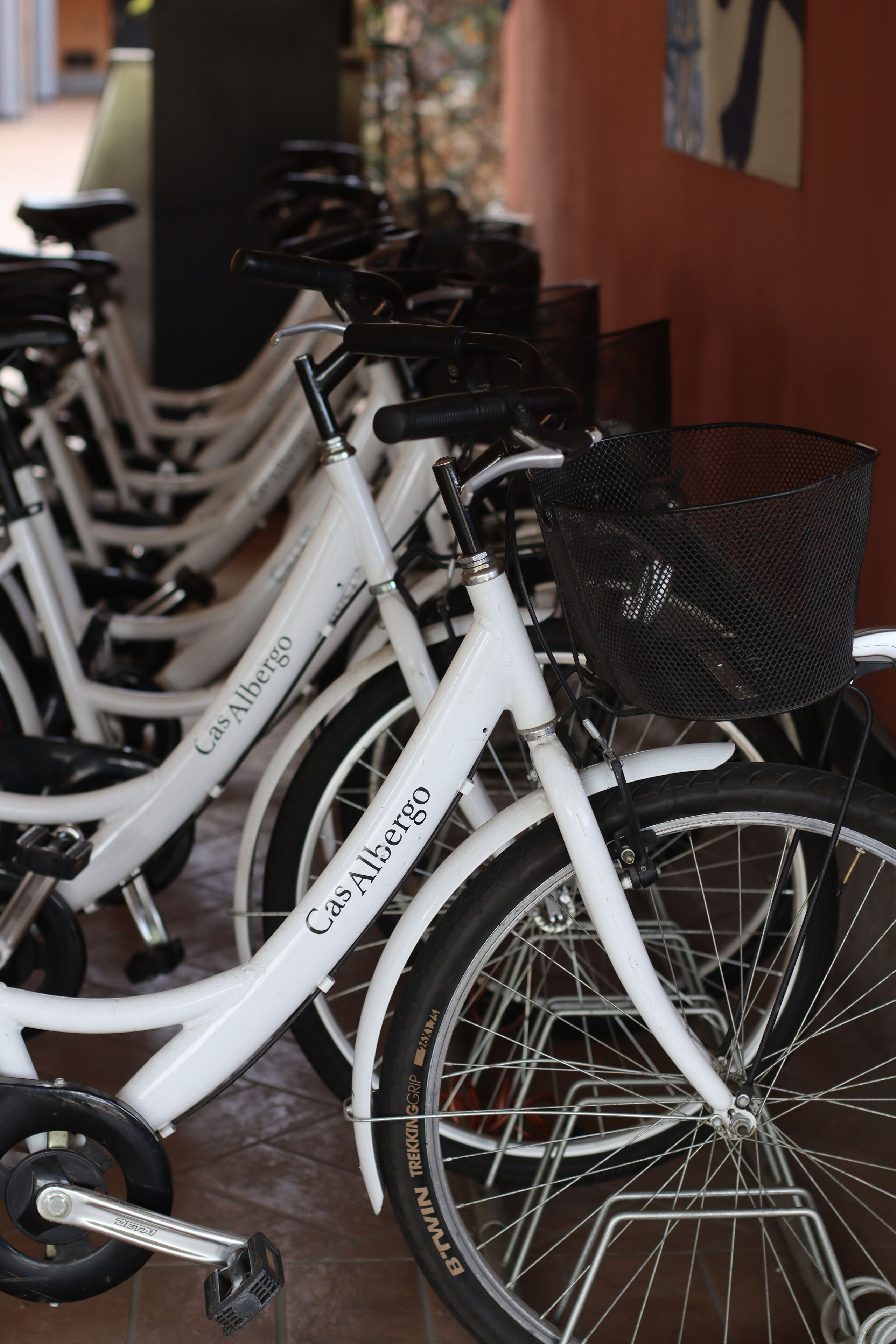 A row of white bicycles with "CasAlbergo" branding, each equipped with a black basket, parked indoors.