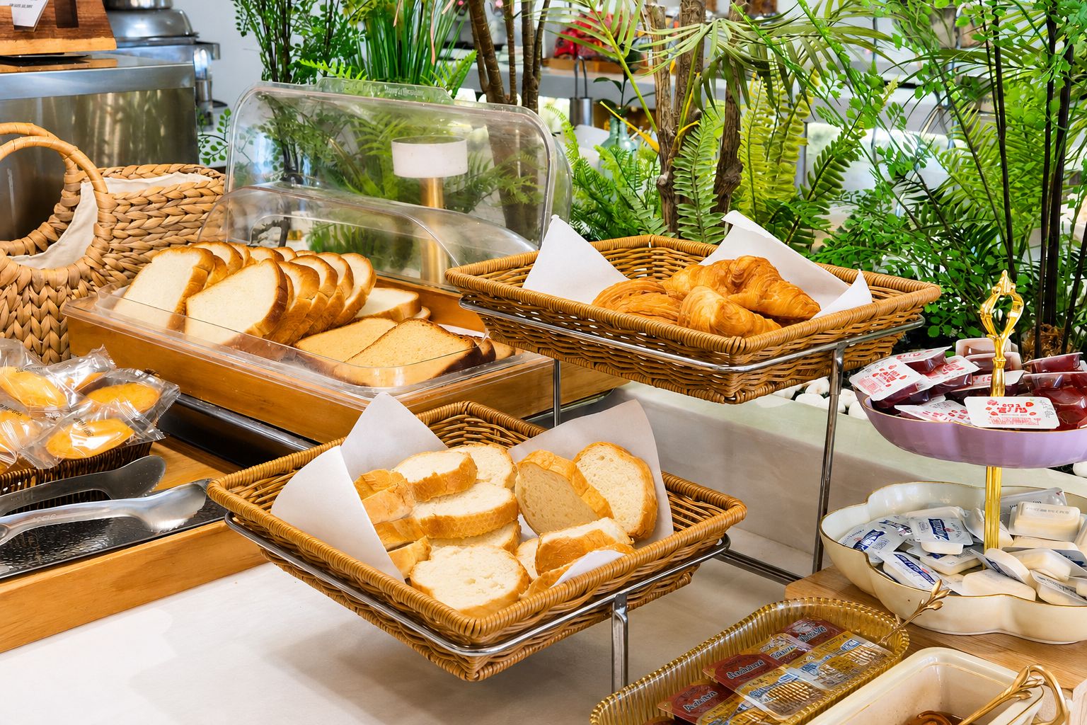 A buffet with various bread and pastries, including croissants and baguettes, arranged in wicker baskets.