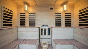 Una sauna con panche in legno e un sistema di riscaldamento centrale.