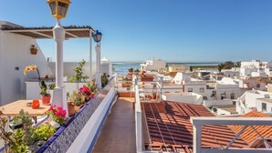 Terraza en la azotea con plantas en macetas, una mesa y una lámpara.