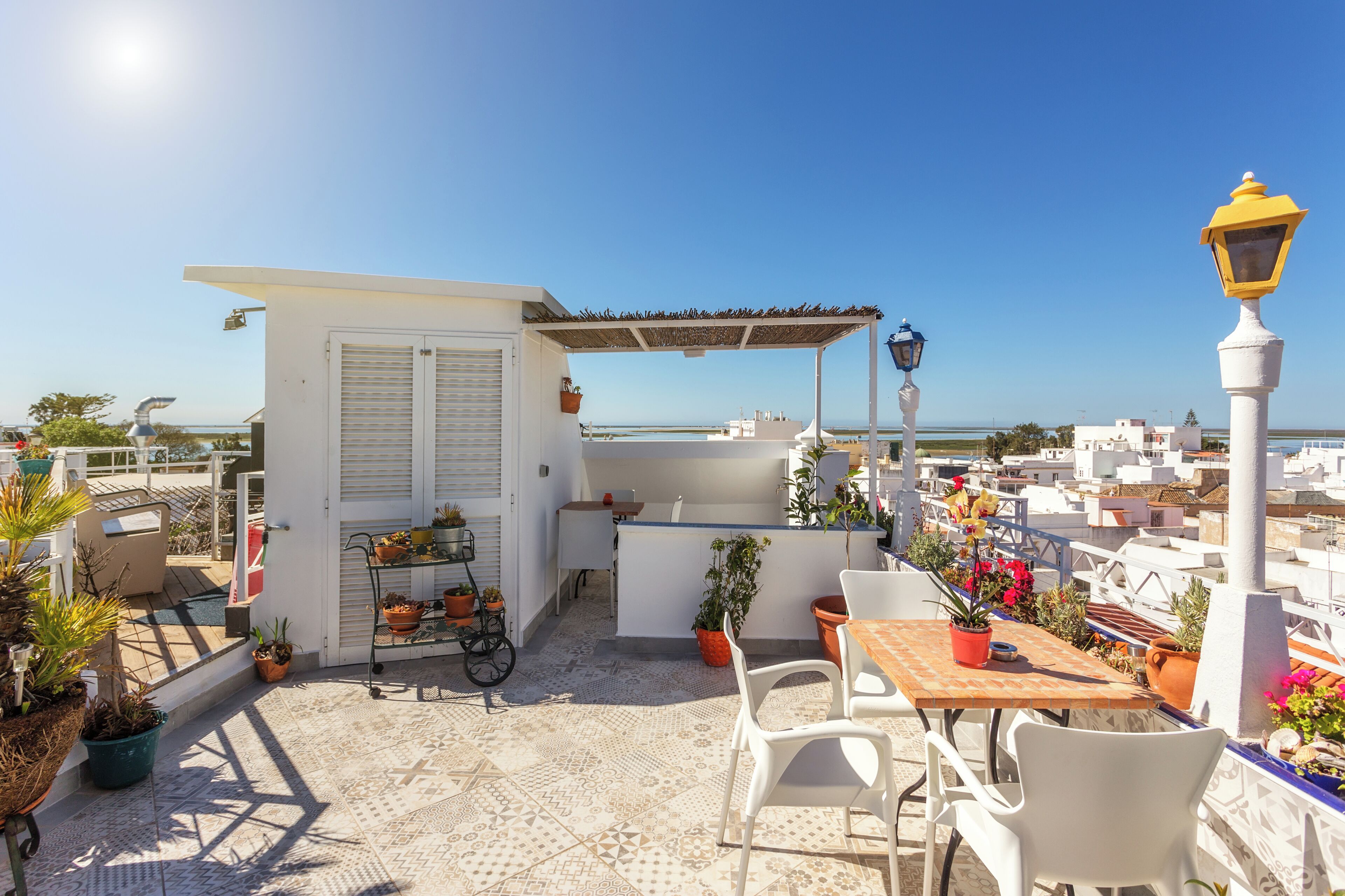 Une terrasse sur le toit, avec une table et des chaises, des plantes en pot et une vue sur la ville.
