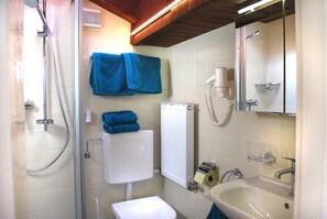 Comfort Studio, 2 Bedrooms, Mountain View (plus cleaning fee 40 EUR) | Bathroom | Shower, hair dryer, towels, toilet paper