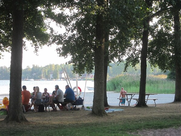 Un grupo de personas sentadas en una mesa de picnic bajo árboles junto a un lago, con barcos al fondo.
