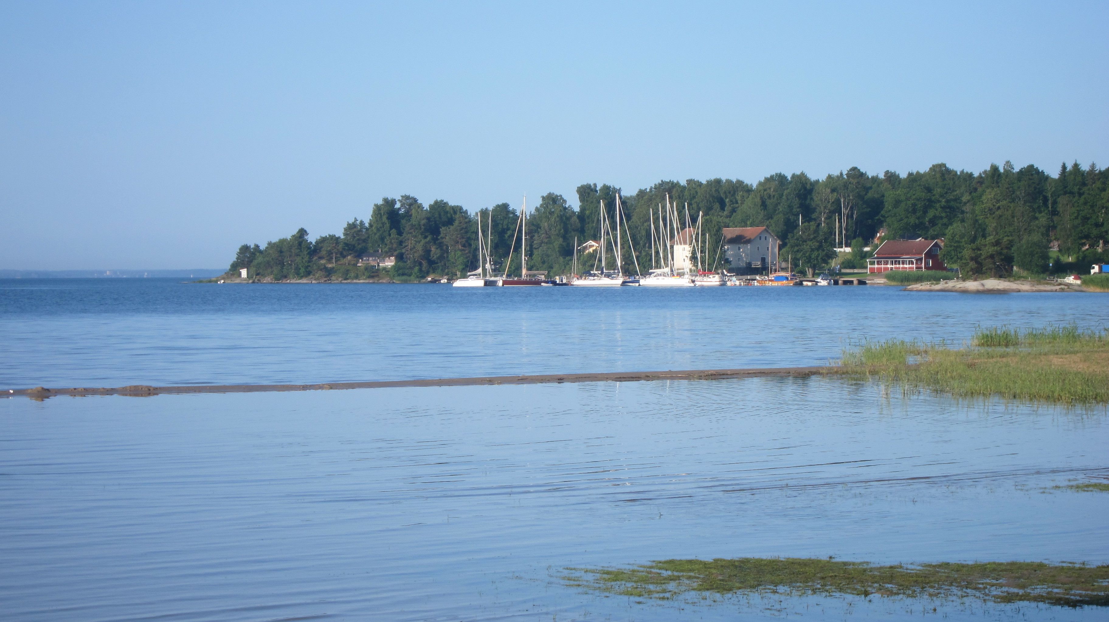 A calm lake with sailboats docked on the shore. There are trees and buildings in the background.