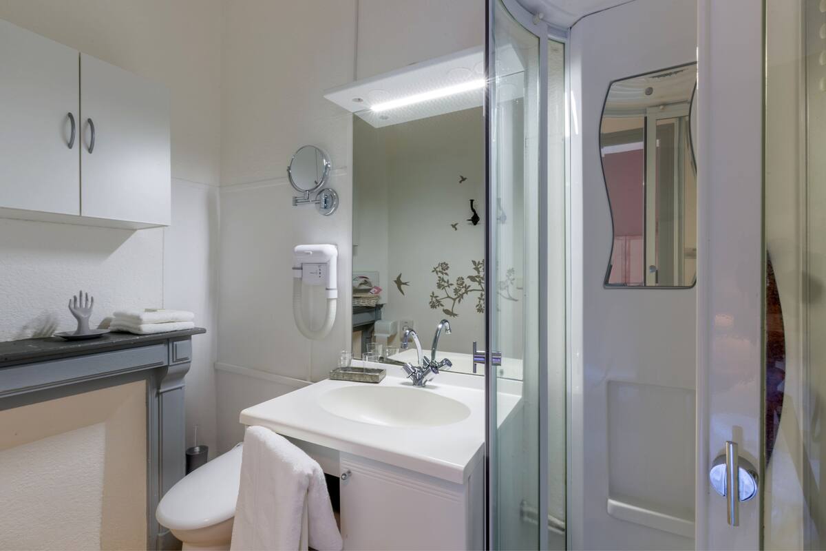 shower, rainfall showerhead, free toiletries, hair dryer