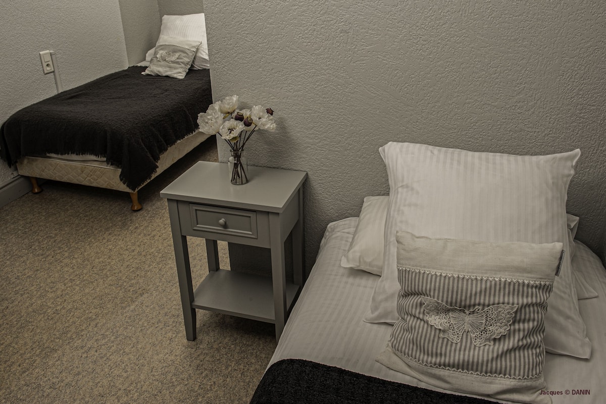 A bedroom with two beds, a nightstand with a vase of flowers, and a textured wall.
