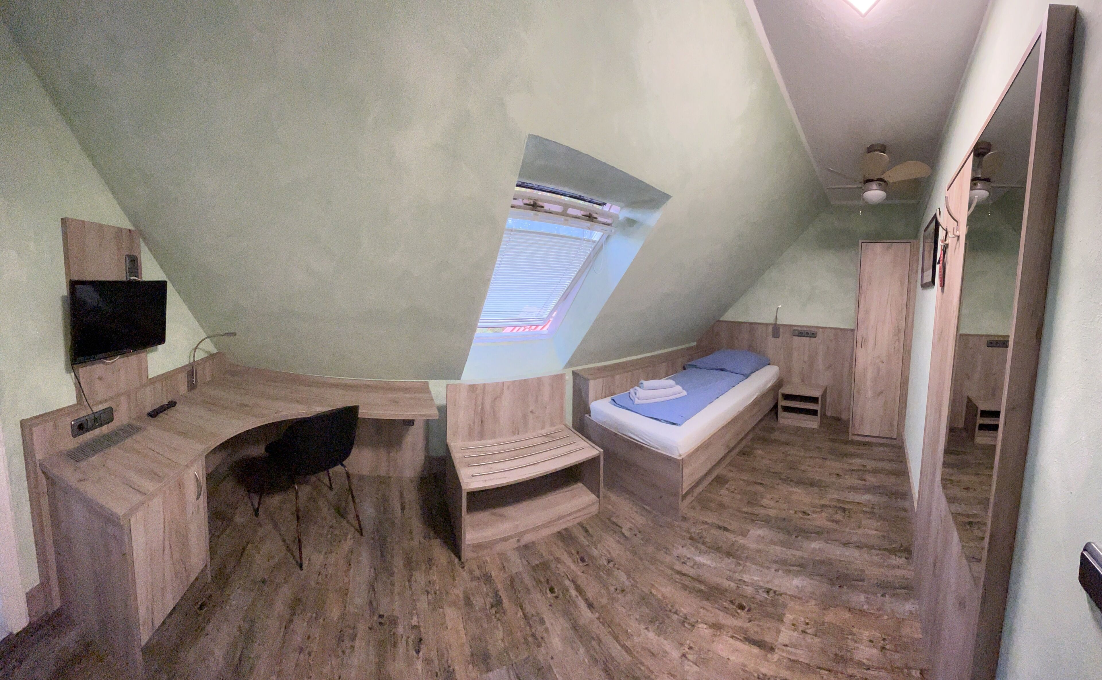 minibar, desk, laptop workspace, blackout curtains