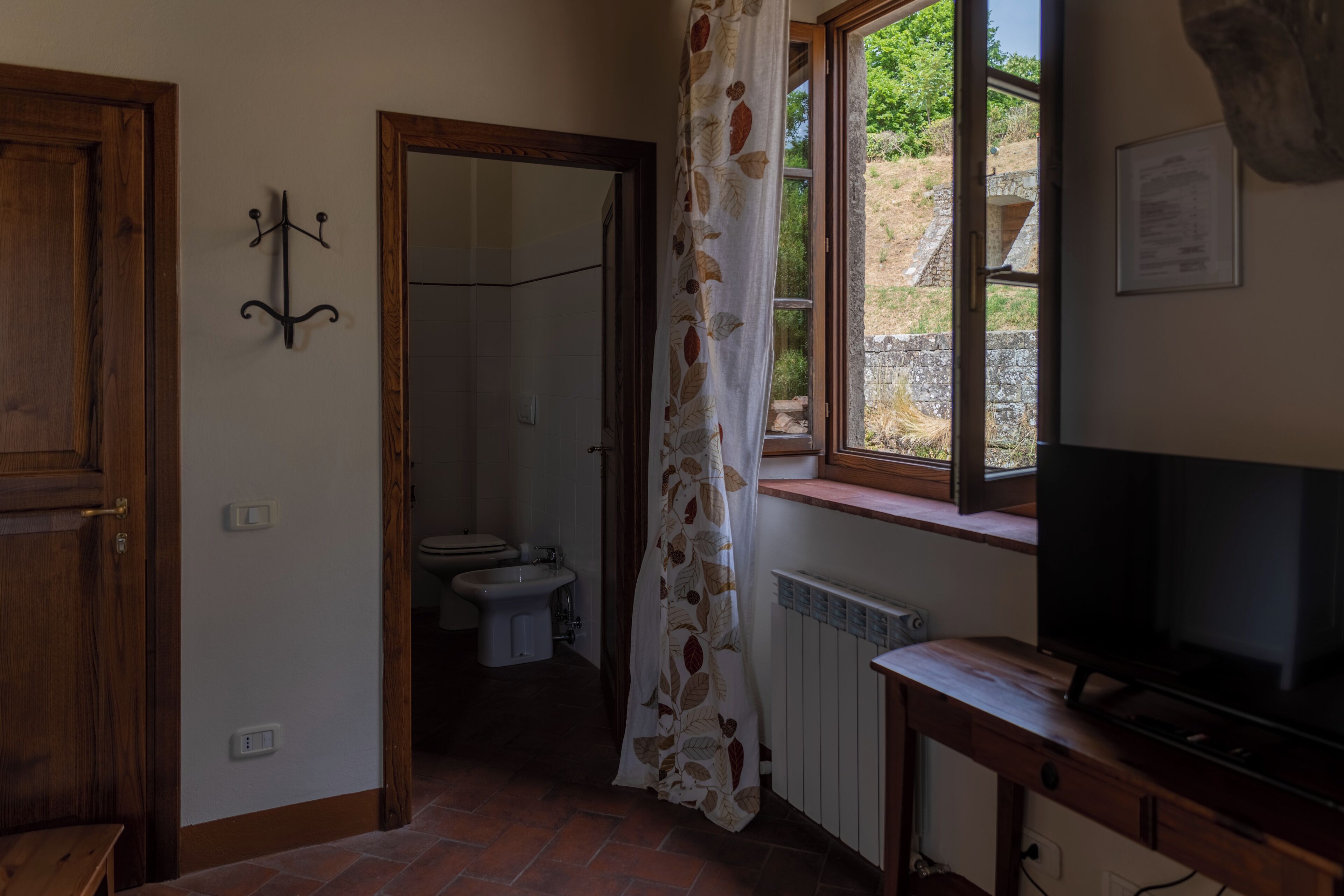 Une salle de bain comprenant des toilettes, un bidet et un espace douche. On y trouve une fenêtre avec un rideau, une porte en bois et un téléviseur posé sur un meuble en bois.
