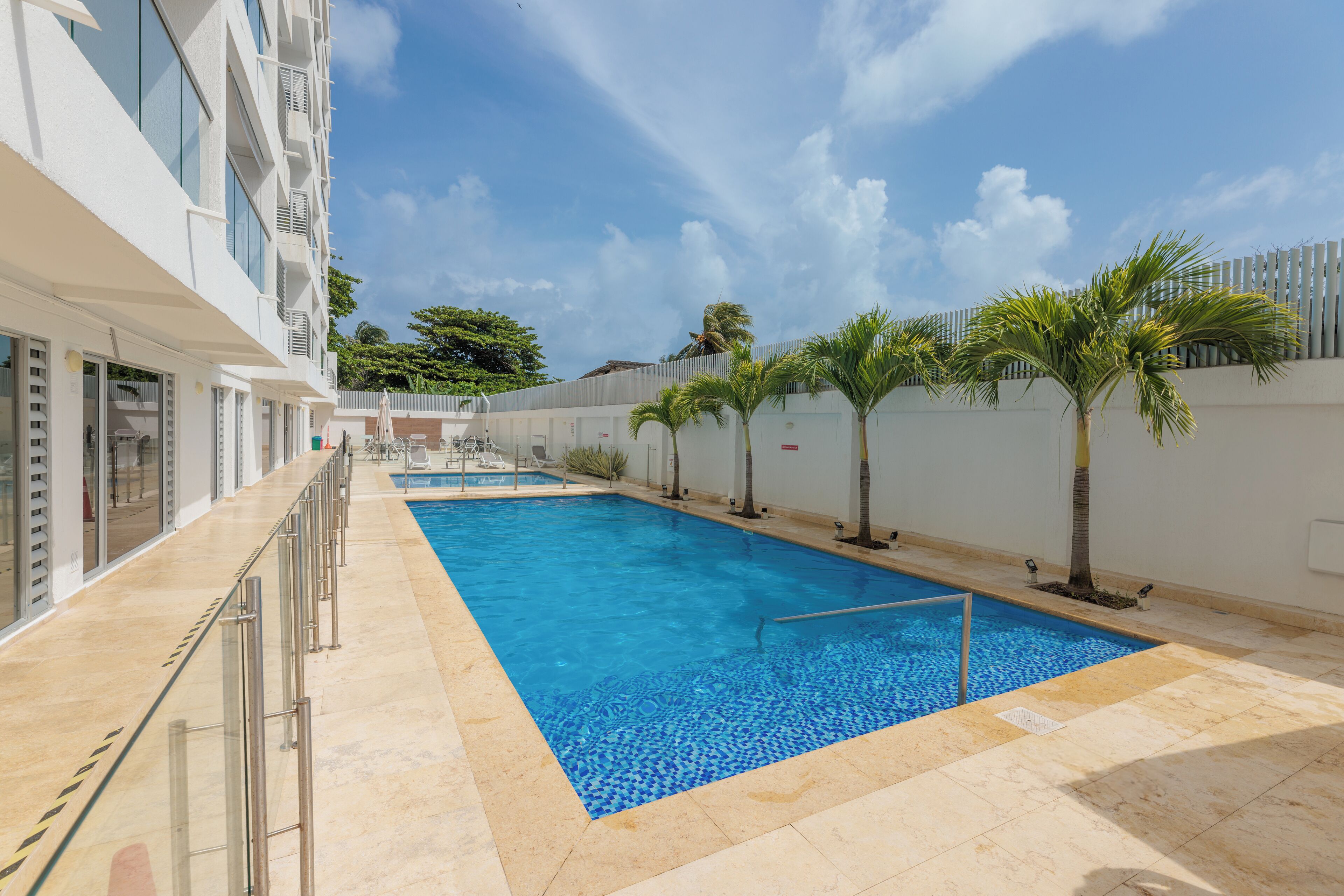 An indoor swimming pool with clear blue water, surrounded by a white wall and palm trees.