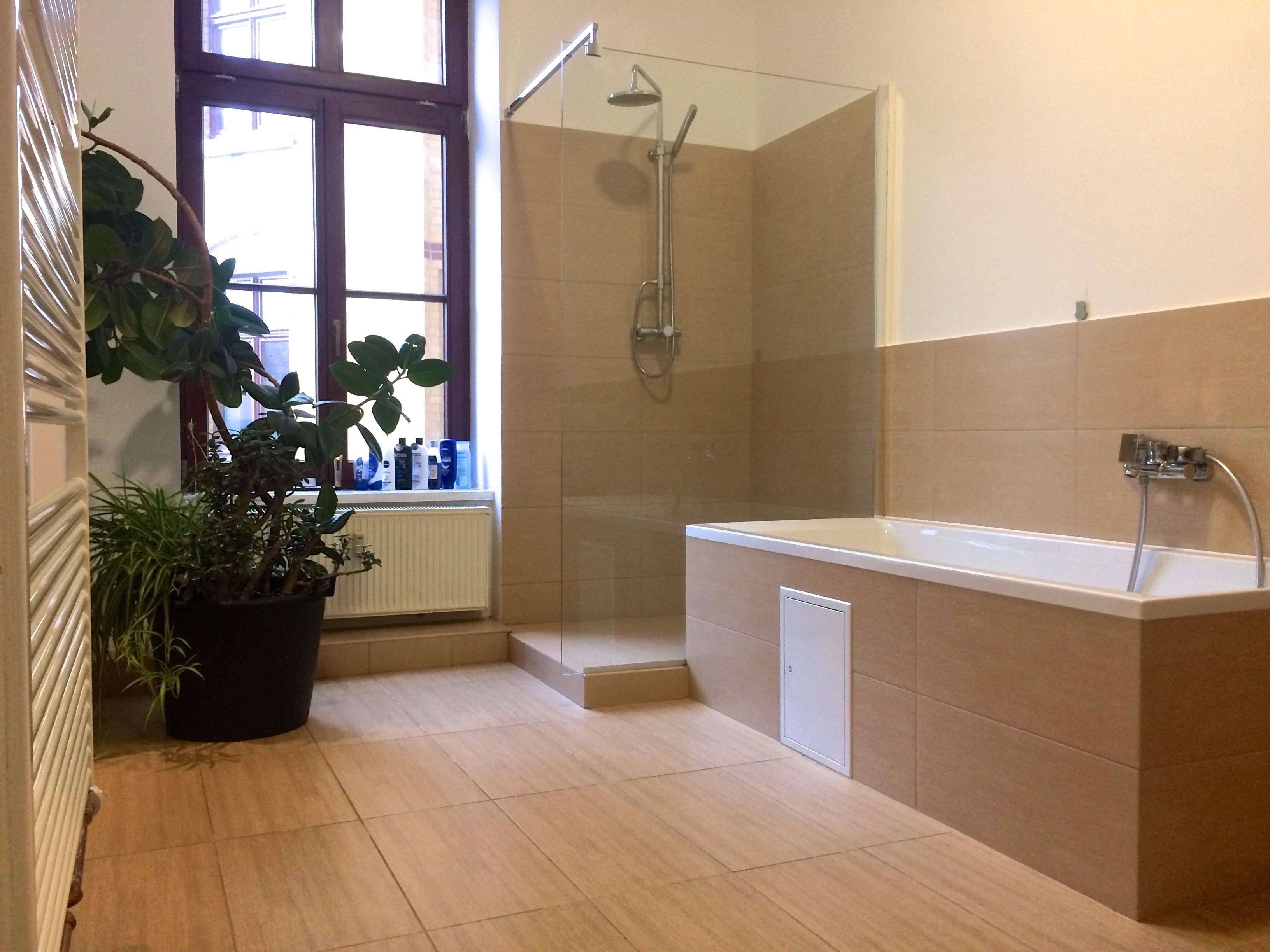 Ein modernes Badezimmer mit Dusche, Badewanne und Topfpflanzen.