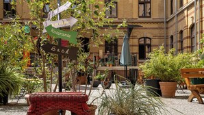 Un patio con una mesa de mimbre, plantas en macetas y señalización.