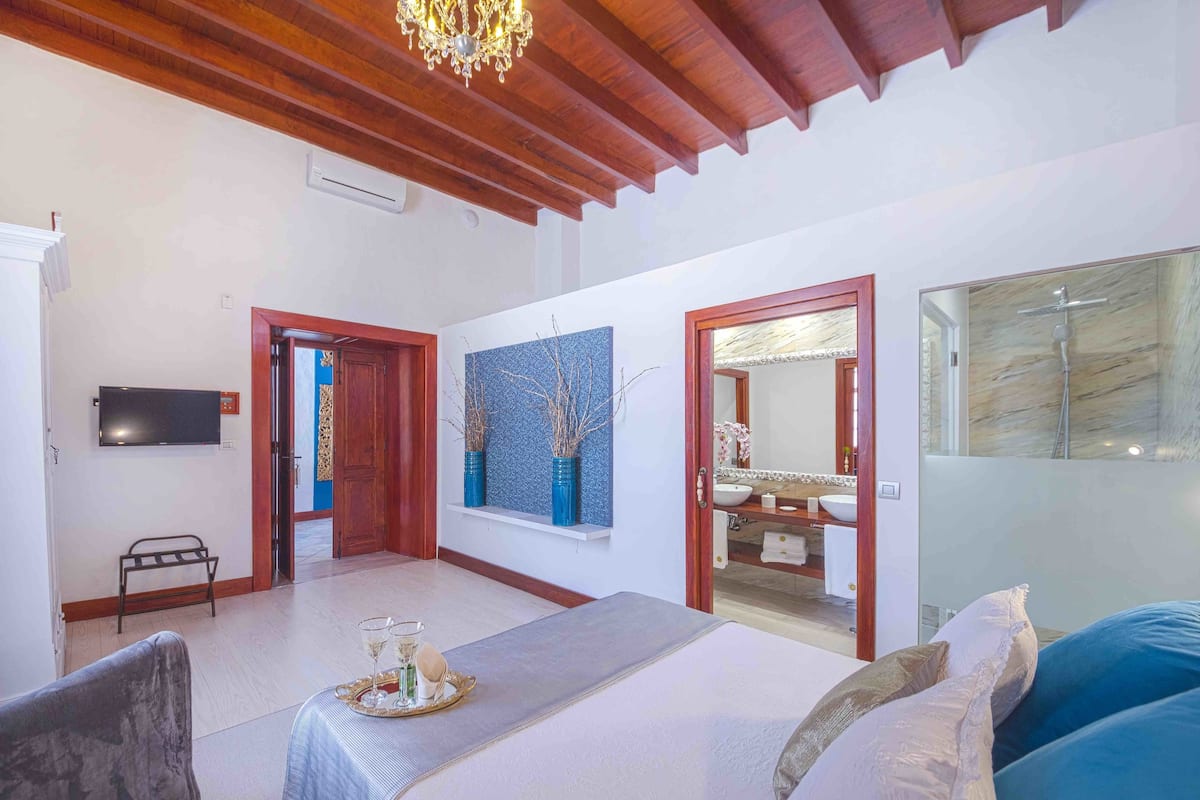 A bedroom with a bed, a TV, a window with decorative vases, and a bathroom visible through an open door.