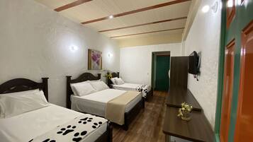 Habitación de hotel con dos camas, piso de madera, televisor montado en la pared y una puerta verde.