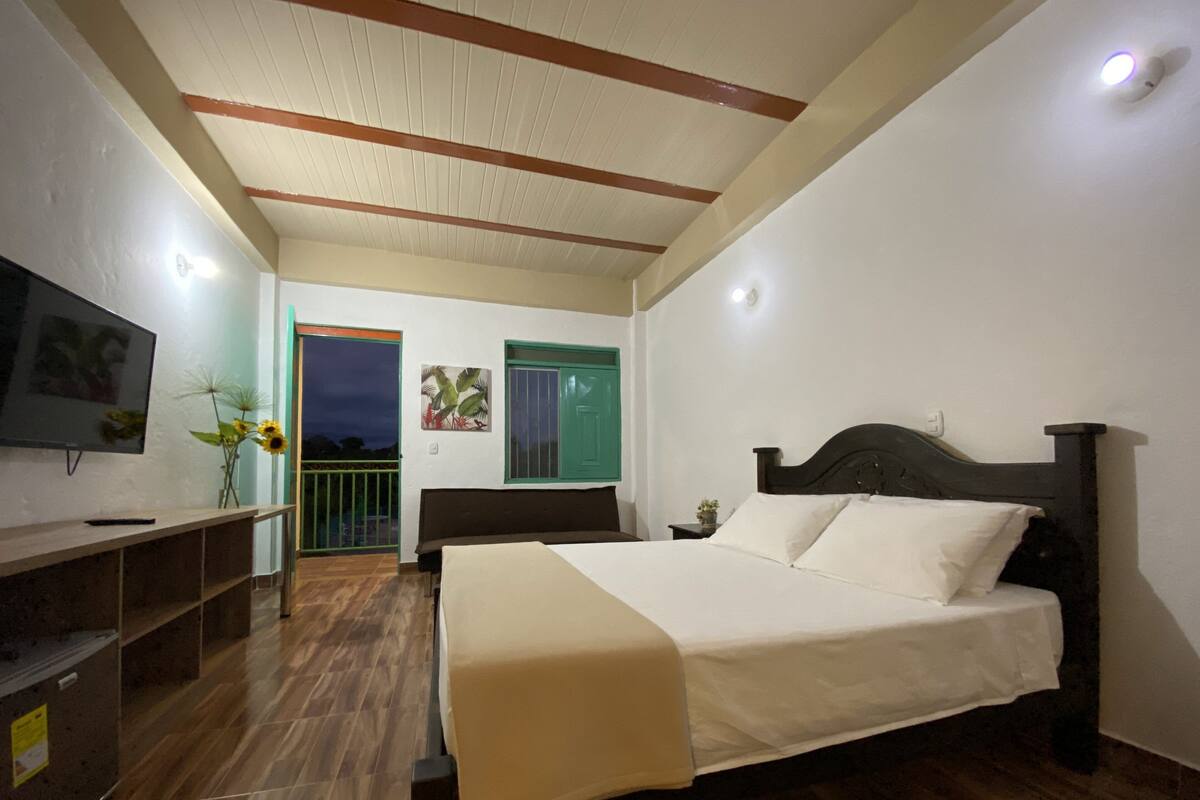 Une chambre avec un lit, une télévision, un bureau et un balcon.