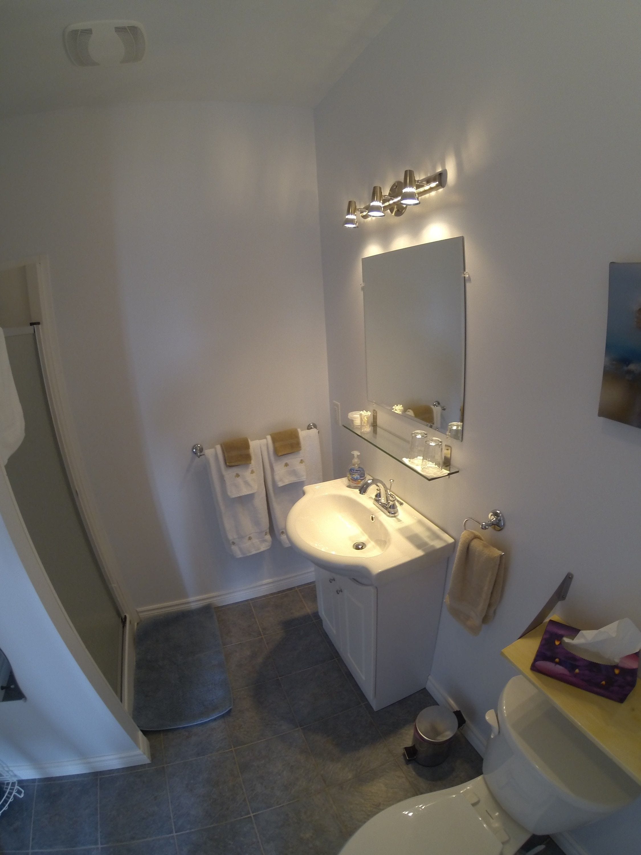 A bathroom with a sink, mirror, and toilet. There are towels hanging on the wall and a shower area.