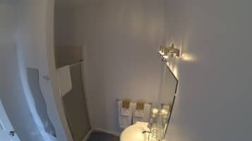 Premium-Zimmer, 1 Queen-Bett, Kühlschrank und Mikrowelle, eingeschränkter Meerblick | Badezimmer | Dusche, kostenlose Toilettenartikel, Haartrockner, Handtücher