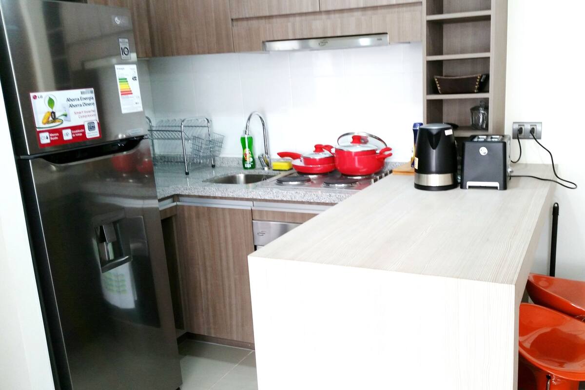 Departamento familiar, 2 habitaciones, baño privado, vista a la ciudad | Cocina privada | Refrigerador con congelador, microondas, horno y parrilla de estufa