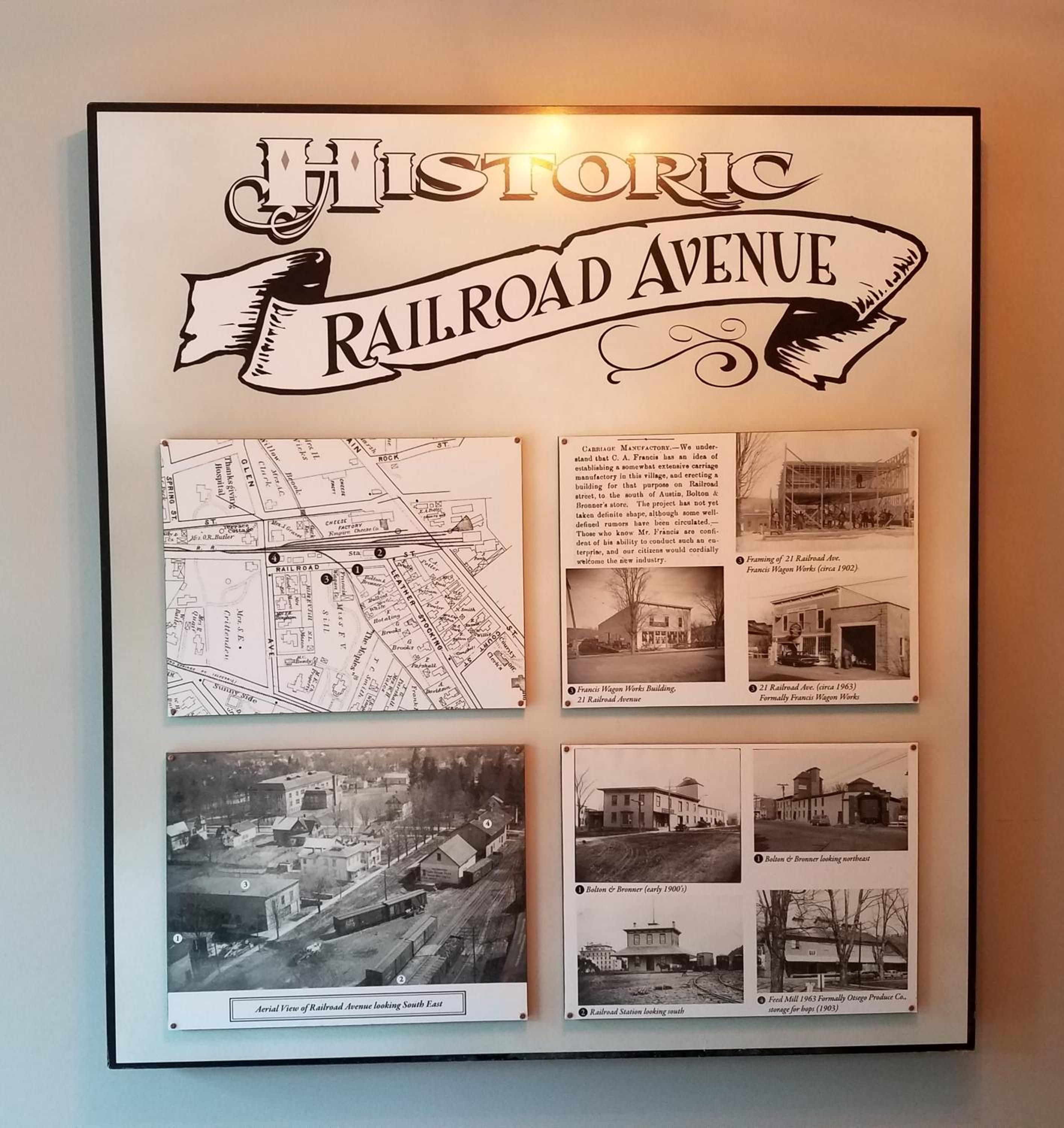 A framed historical display titled 'Historic Railroad Avenue' with a map, photos, and descriptions of the area.