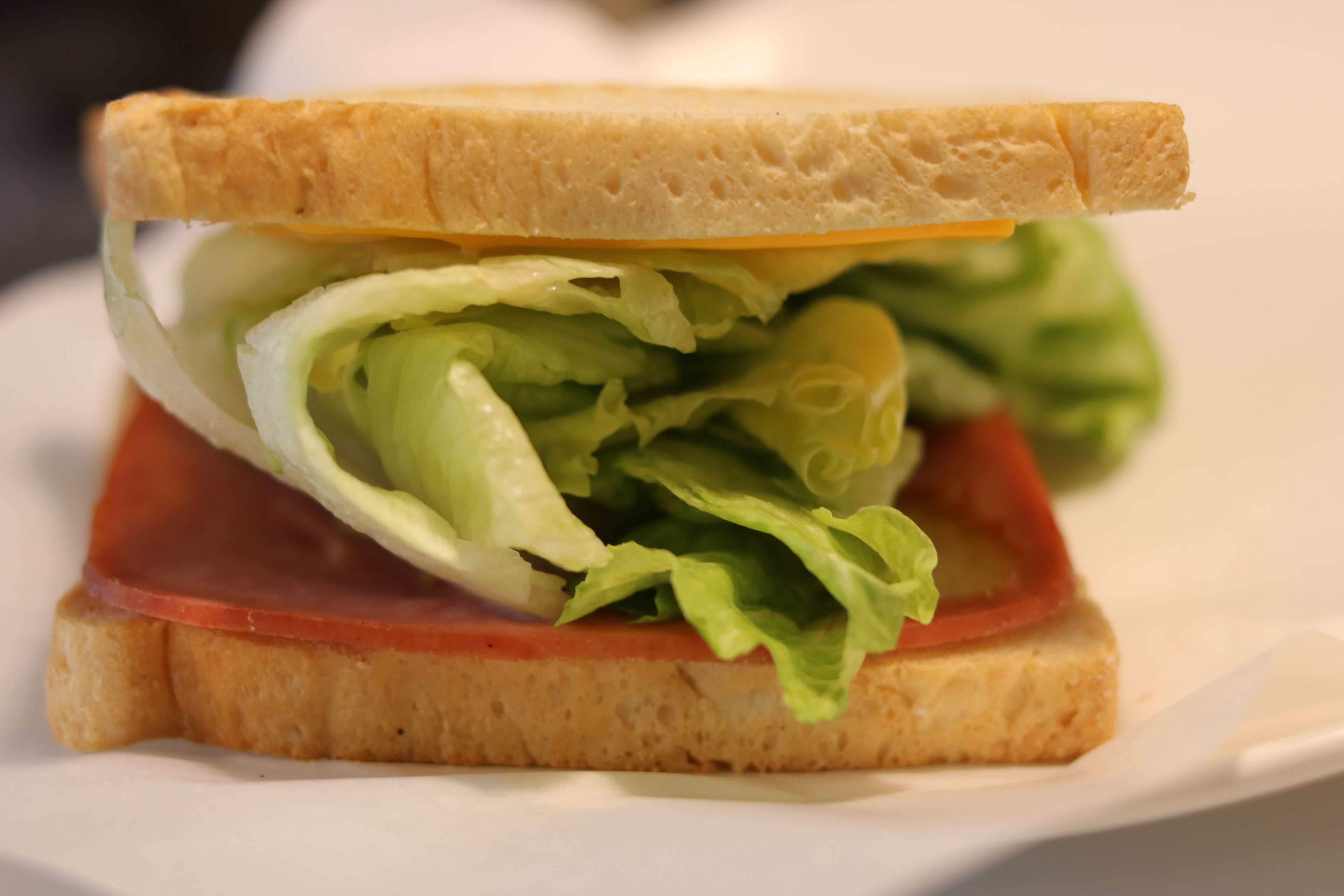 Un sandwich à la laitue, au fromage et à la tomate, servi sur une assiette blanche.