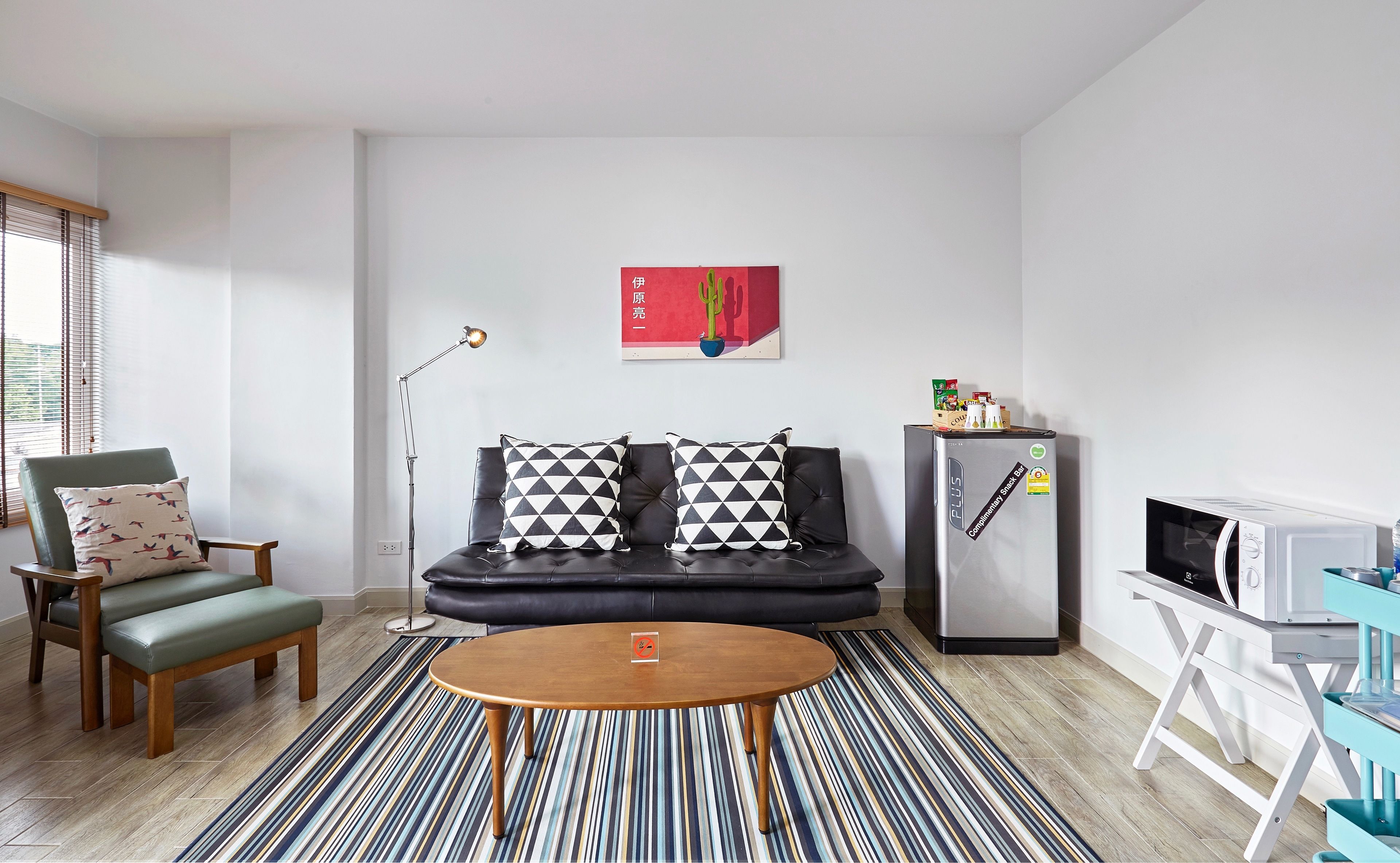 Un salon moderne avec un canapé noir, des coussins à motifs, une table basse en bois, un tapis rayé, un lampadaire, un réfrigérateur et un téléviseur.