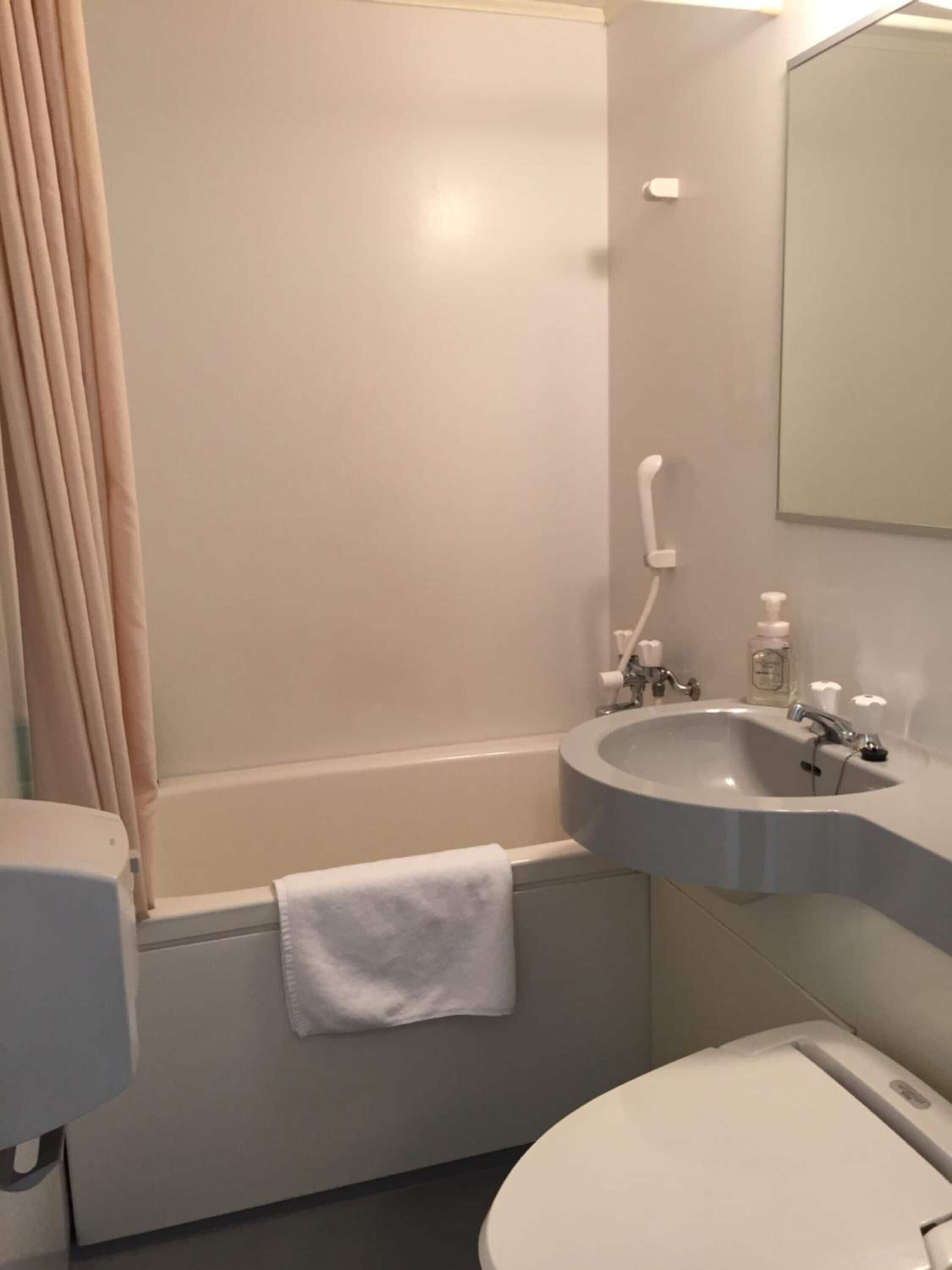 combined shower/bathtub, free toiletries, hair dryer, slippers