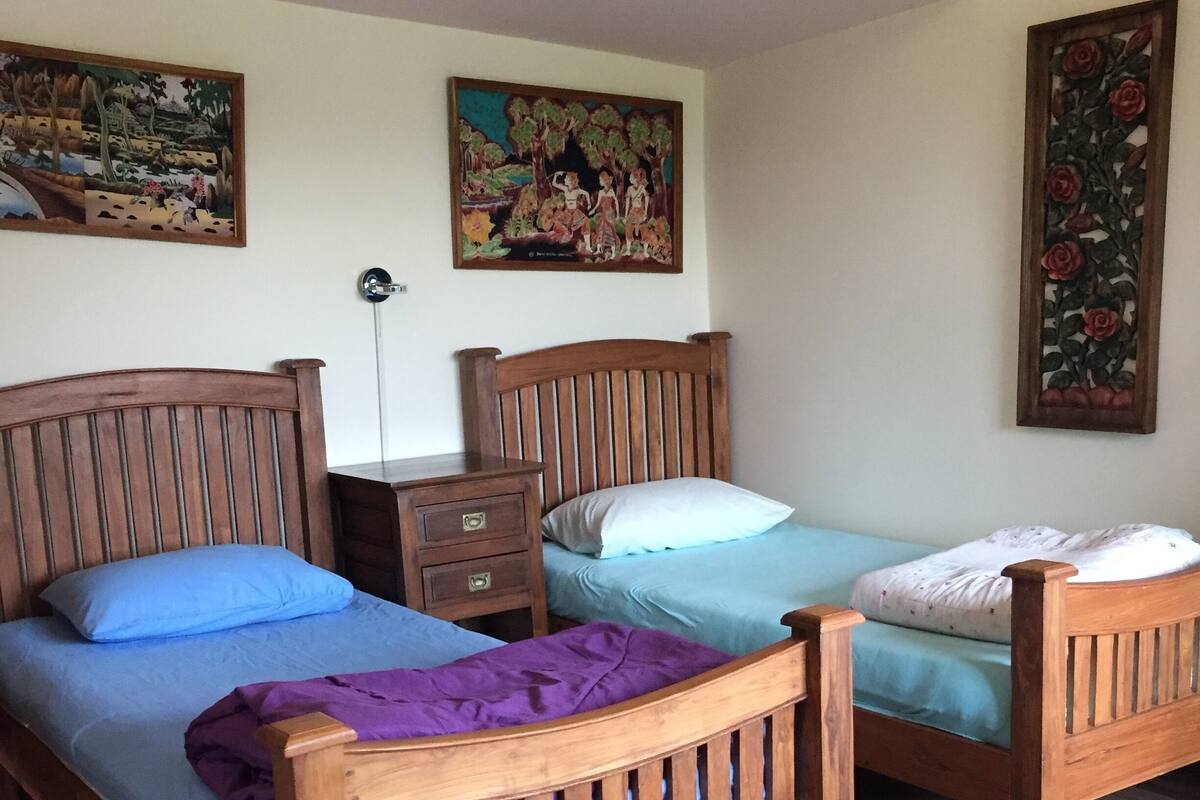 Un dormitorio con dos camas de madera, cada una con una colcha de color diferente. Hay dos cuadros en las paredes y un cabecero de madera en la cama de la izquierda.