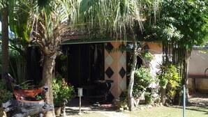 Un jardin agrémenté d’une structure en bois, d’un palmier et de diverses plantes.