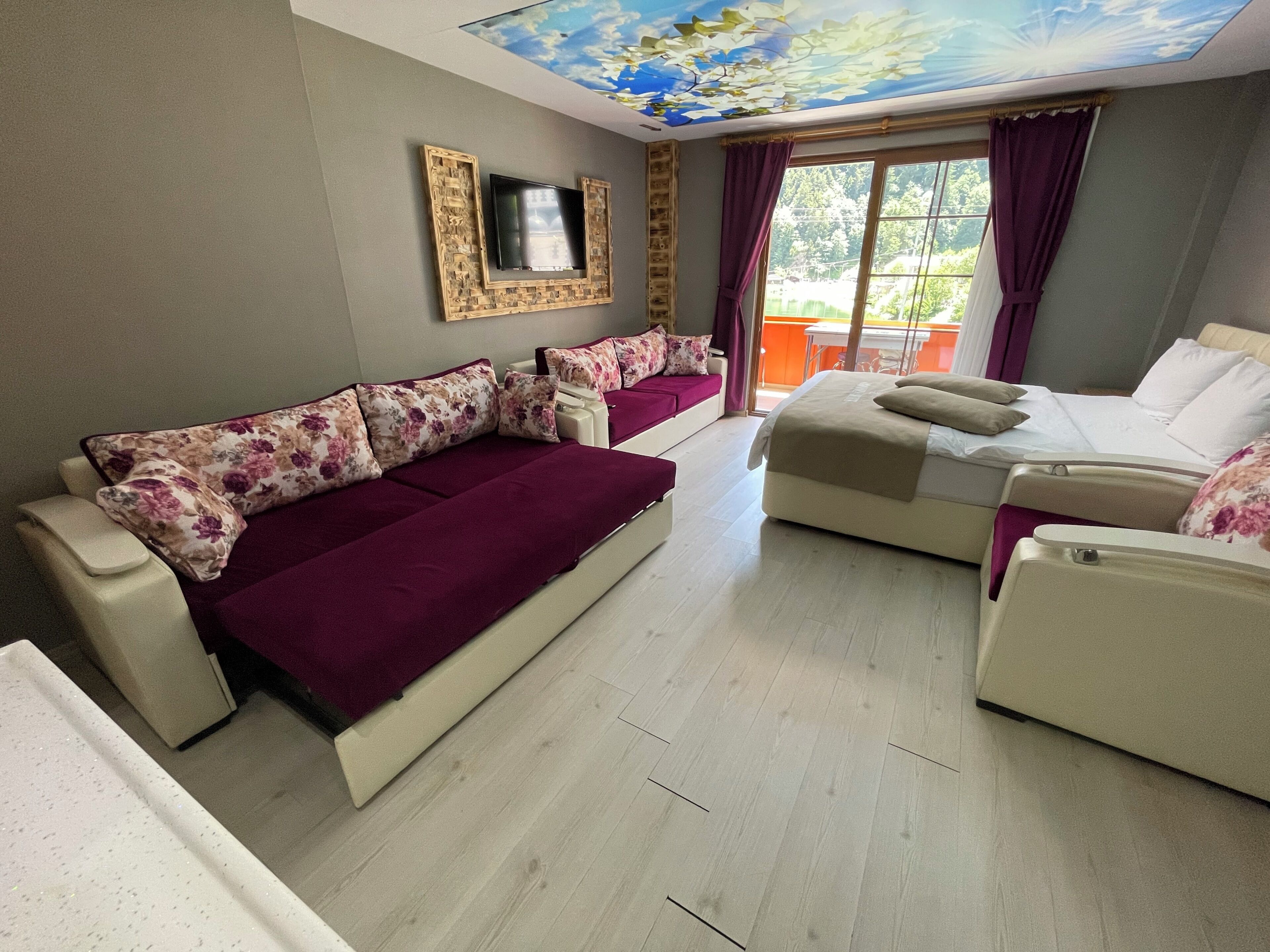 Une chambre d’hôtel avec un canapé, un lit, une télévision et une fresque au plafond.