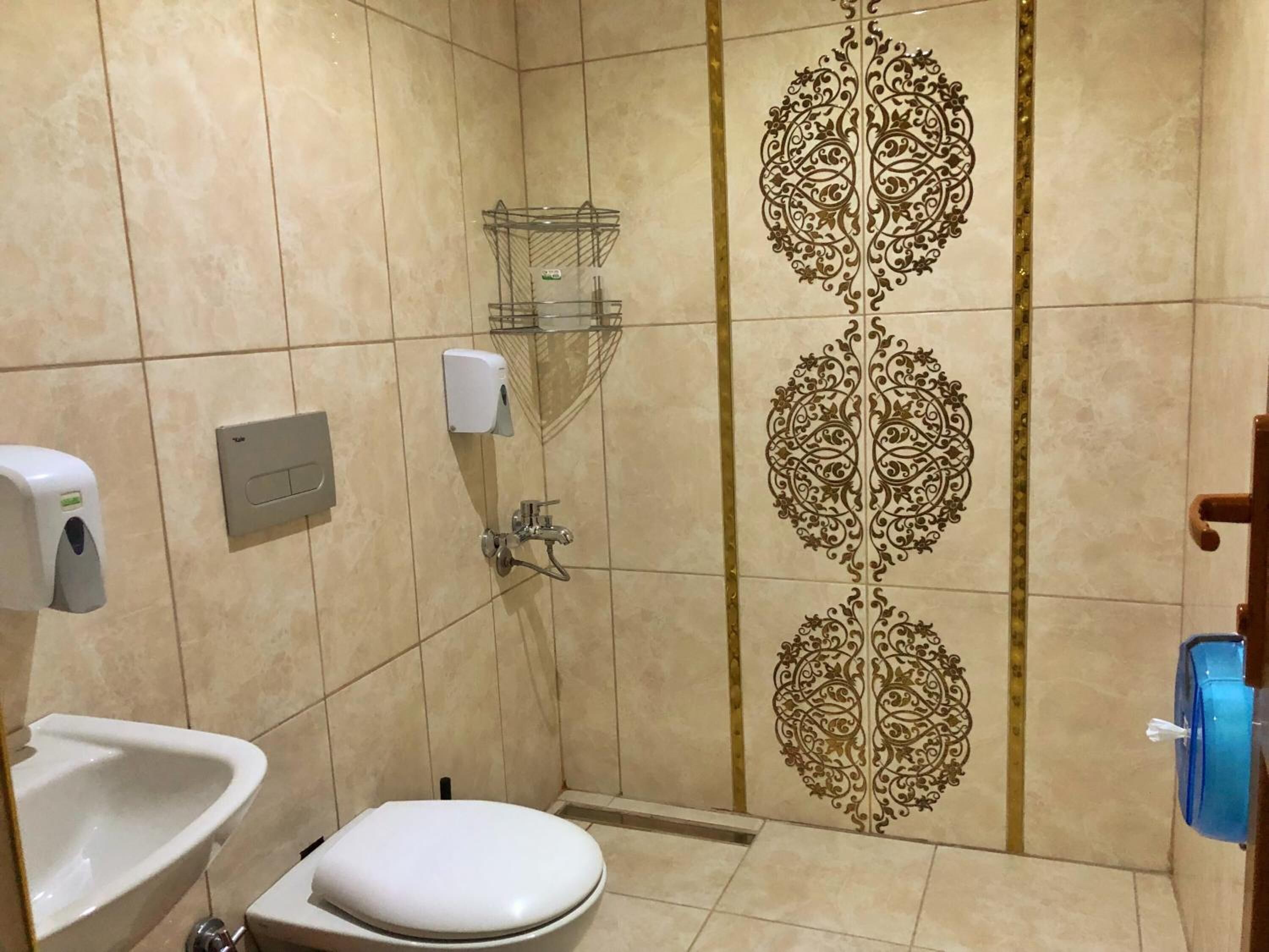 Un baño con inodoro, lavamanos y ducha.