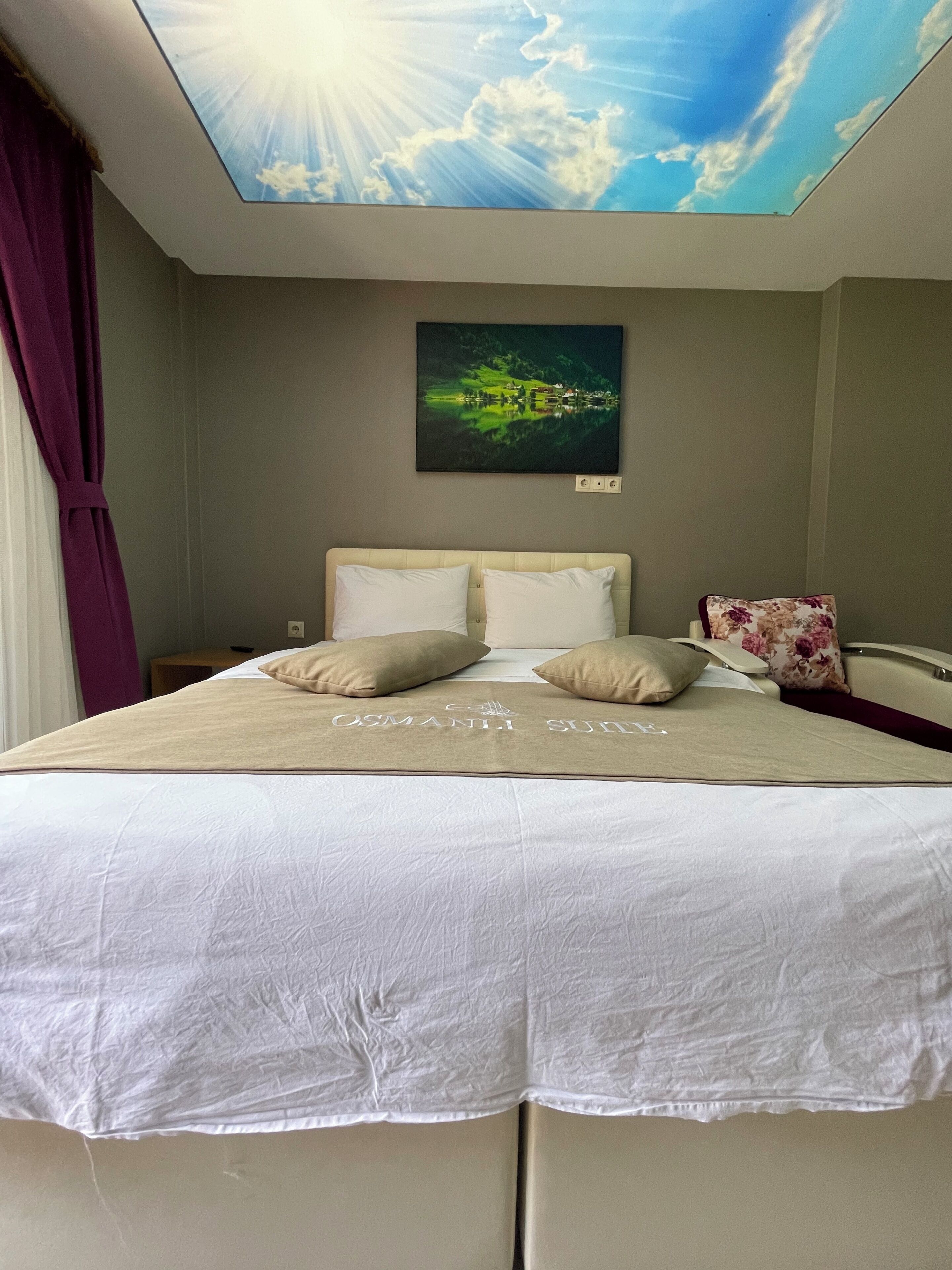 Hotelkamer met een bed, twee kussens, een nachtkastje, een schilderij aan de muur en een plafond met een zon-en-wolken ontwerp.