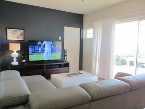 Luksus-hus | Opholdsområde | 60-tommers fladskærms-tv med satellitkanaler, tv, dvd-afspiller