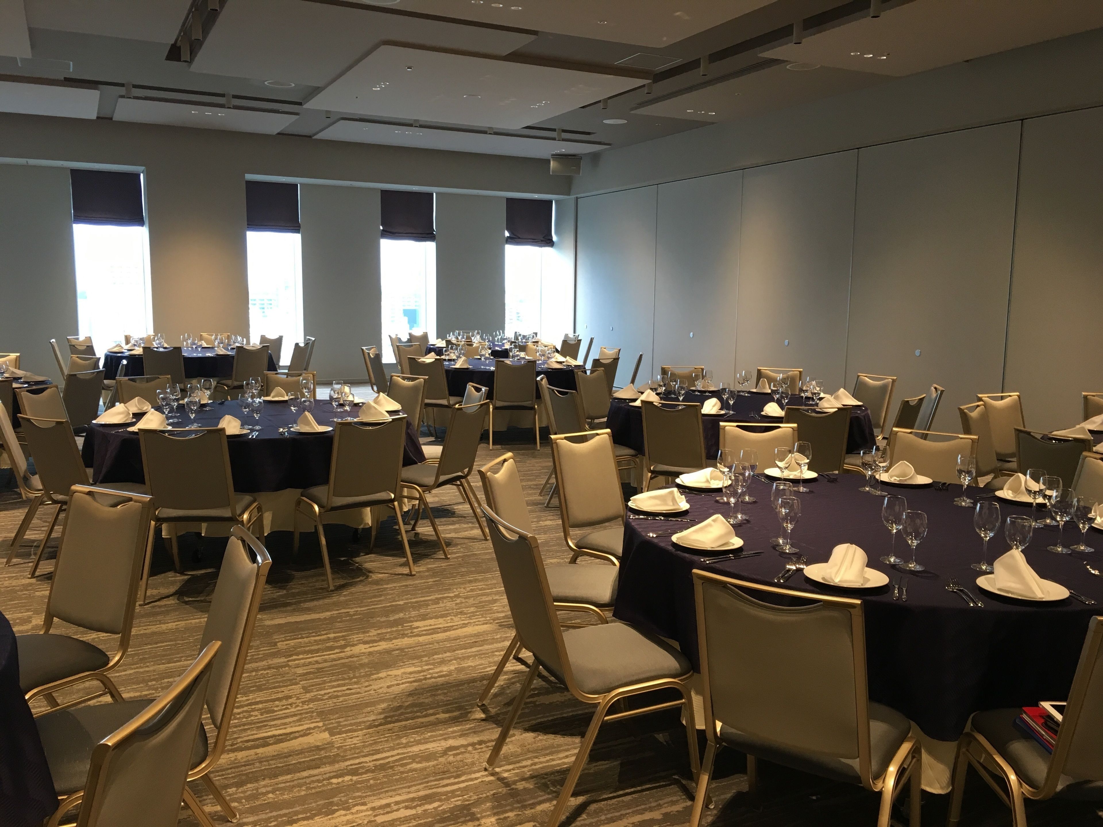 Un salón de conferencias con mesas redondas, sillas y montajes tipo banquete.