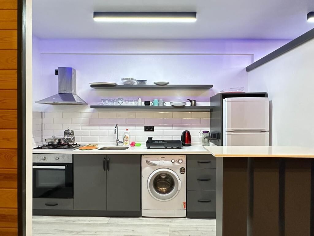 A compact kitchen with a gas stove, oven, washing machine, and a refrigerator.