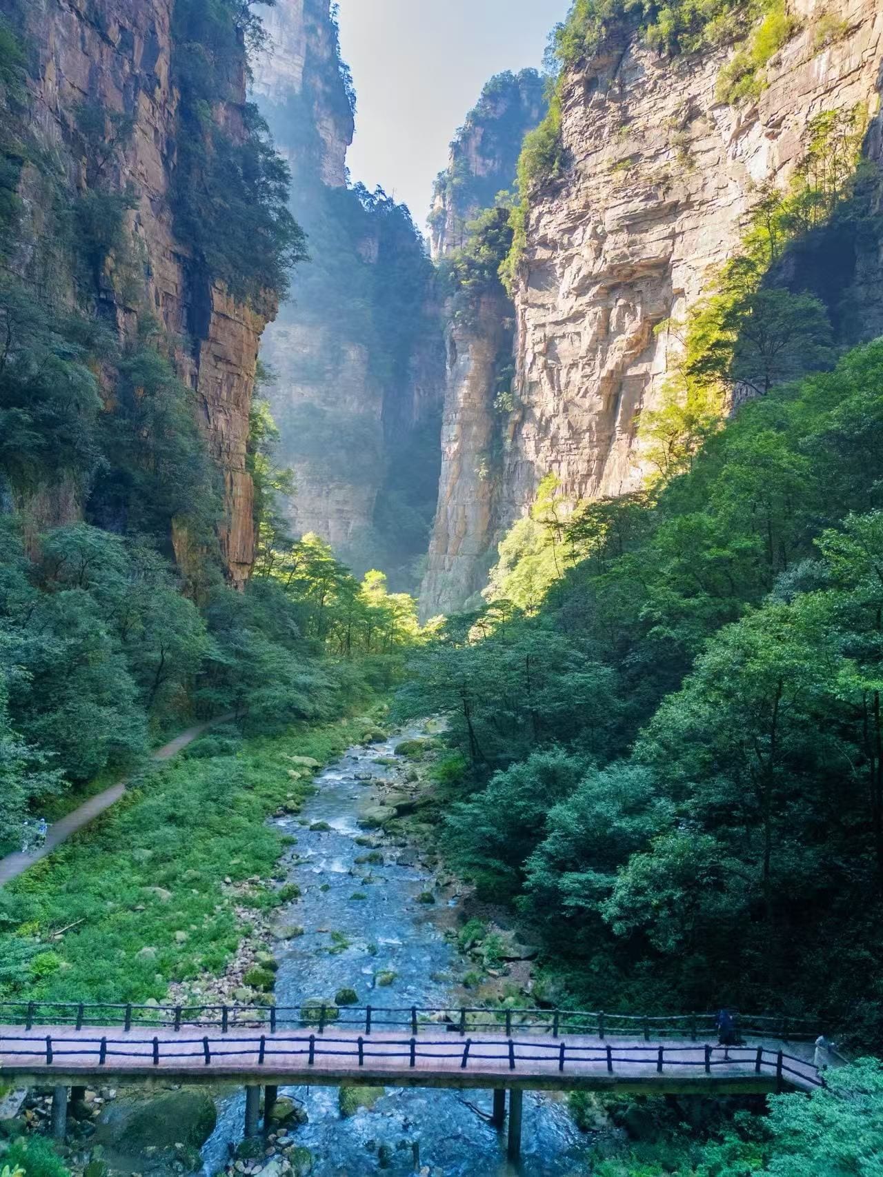 A river flowing through a canyon with a wooden bridge in the foreground.