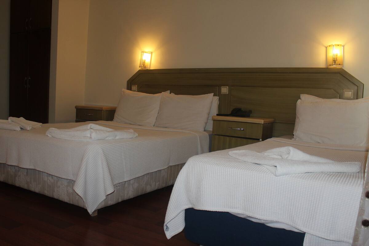 Two twin beds with white linens, wooden headboards, bedside tables, and wall-mounted lamps.