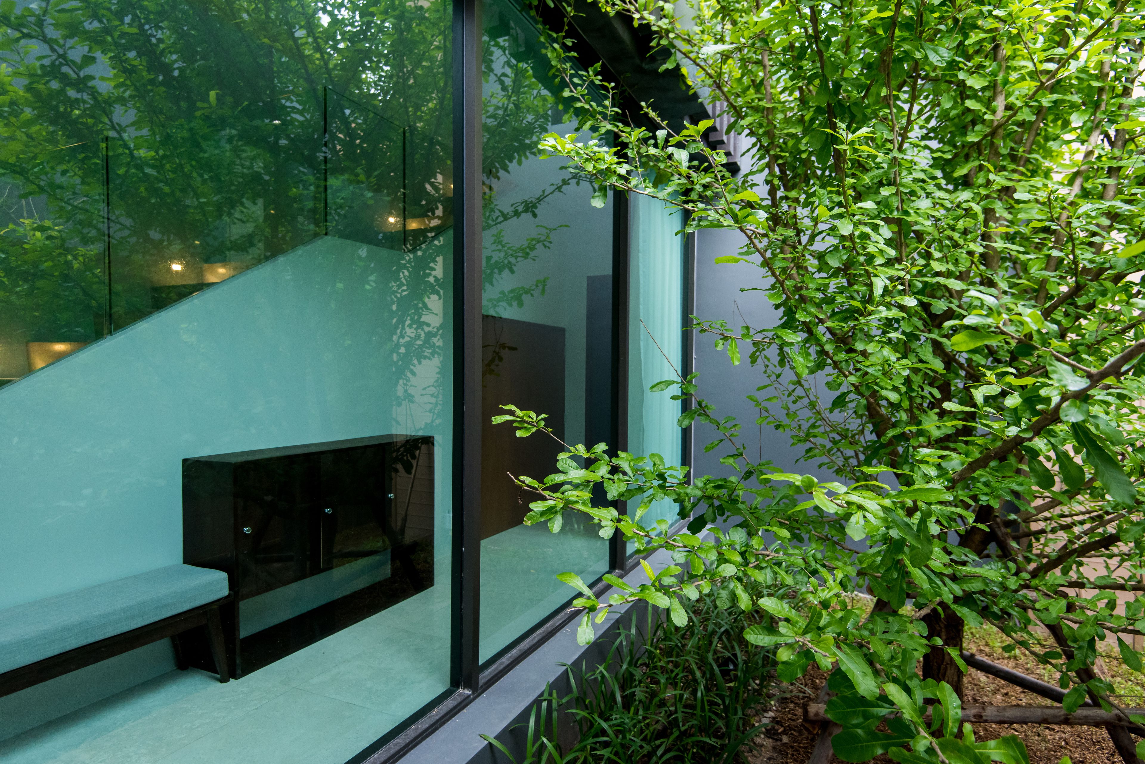 Ein modernes Interieur mit einer Sitzbank und einer Glaswand, die viel Grünlicht reflektiert.
