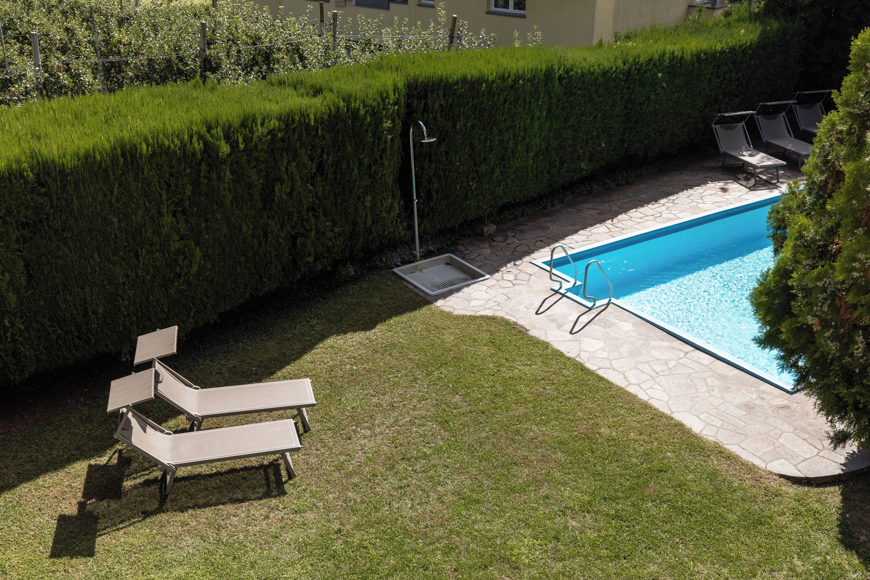 A swimming pool with a stone deck, surrounded by a well-manicured lawn and a hedge.