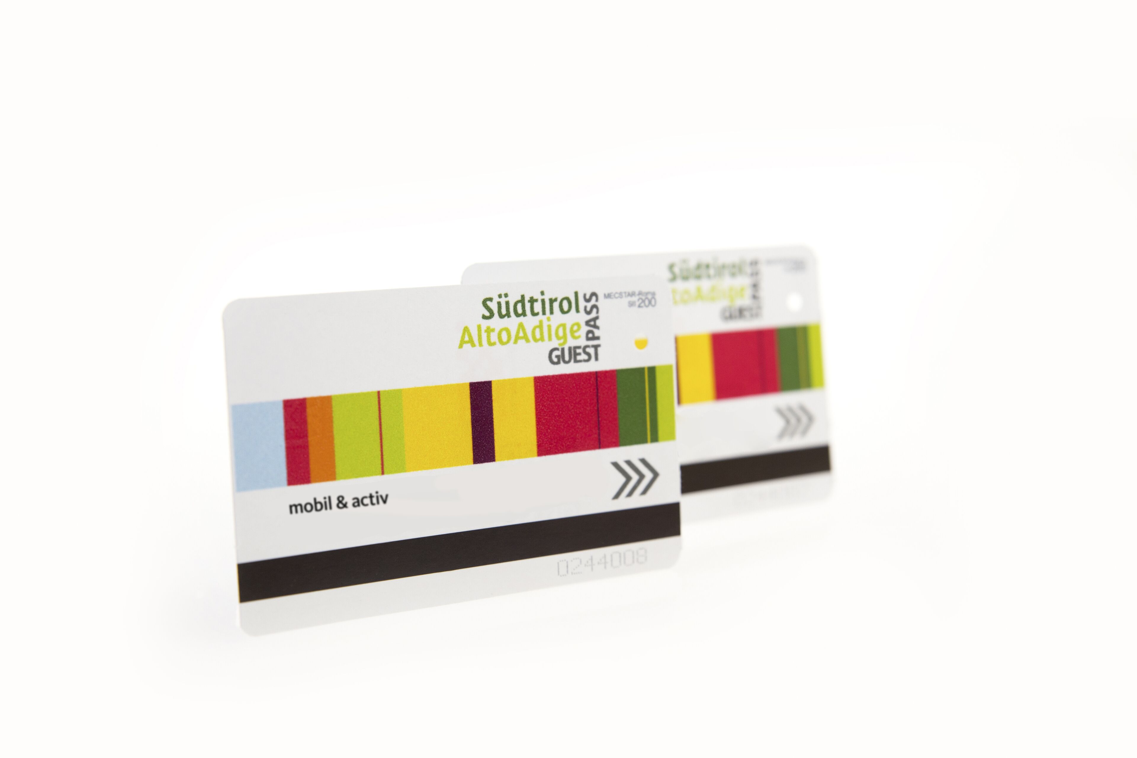 A guest card for a hotel with a colorful design and the text "Südtürlo AltoAdige PASS GUEST".
