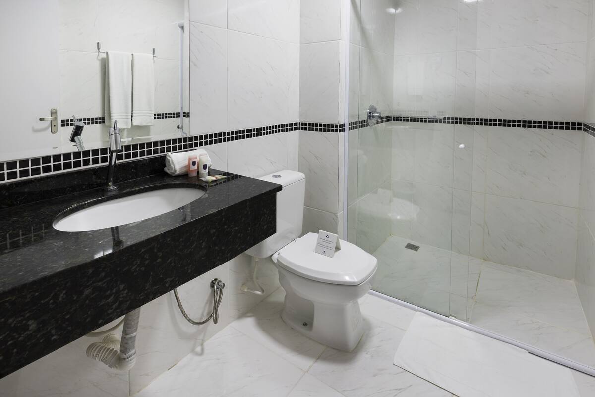 Un baño con lavamanos de mármol negro, inodoro blanco y ducha con cerramiento de vidrio.