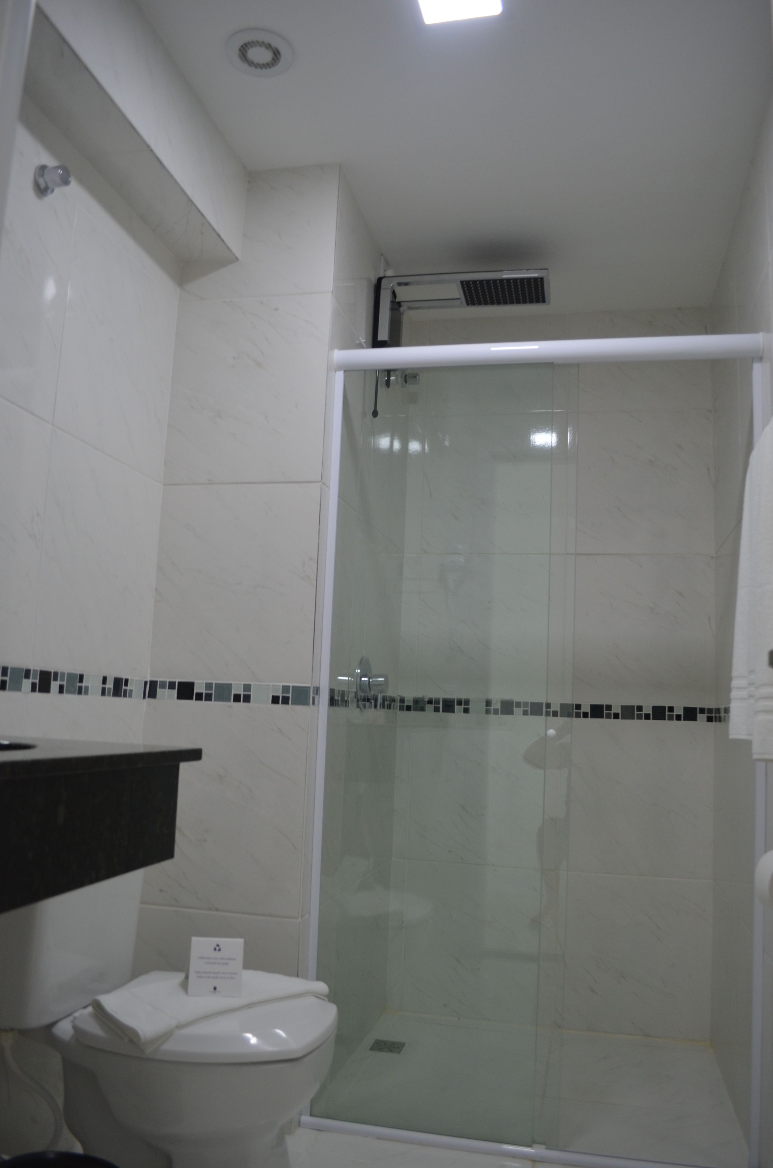 Un baño con ducha envuelta en vidrio, inodoro blanco y encimera negra.