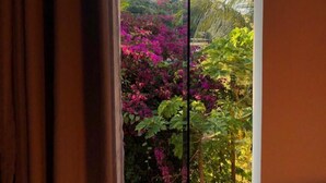 Vista desde una ventana con techo de madera y cortina entreabierta.