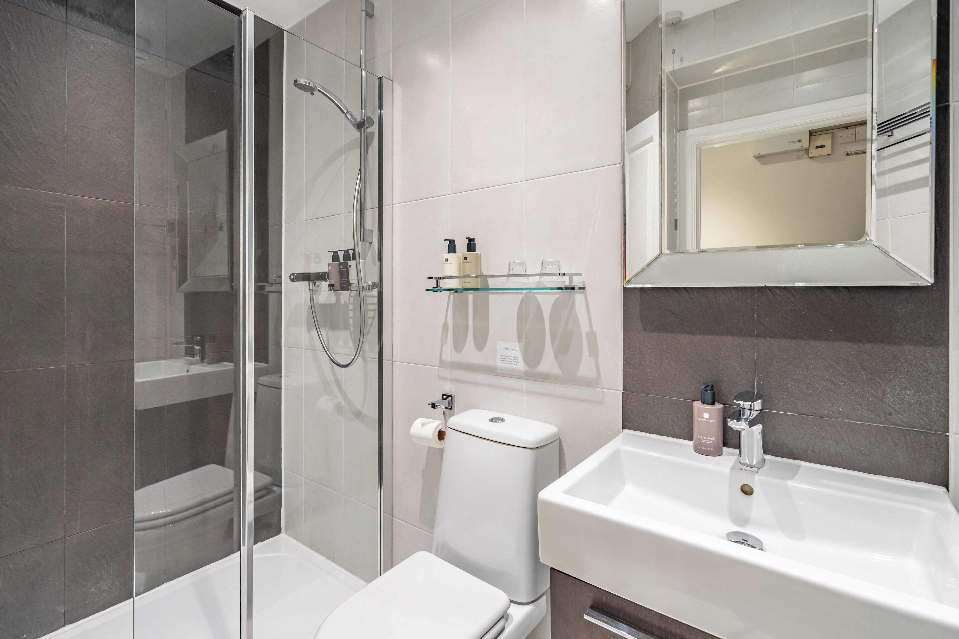 A modern bathroom with a glass-enclosed shower, a toilet, and a sink with a mirror above it.