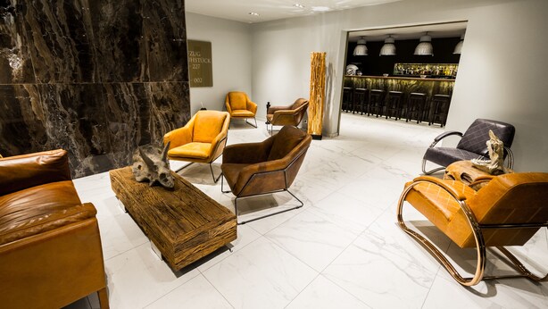 A modern lobby with leather sofas, a wooden coffee table, and a bar area with stools. - Mountainpark Kassel (Kassel)