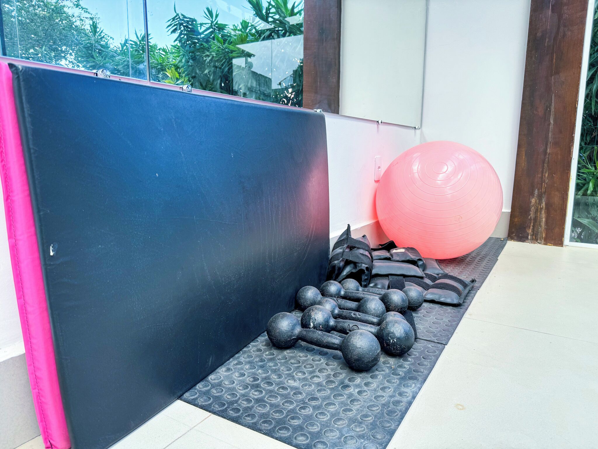 Ein Fitnessbereich mit Trainingsgeräten, darunter Kurzhanteln und ein großer Trainingsball, sowie eine schwarze gepolsterte Wand.
