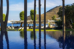 室外游泳池，池畔遮阳伞，日光浴躺椅